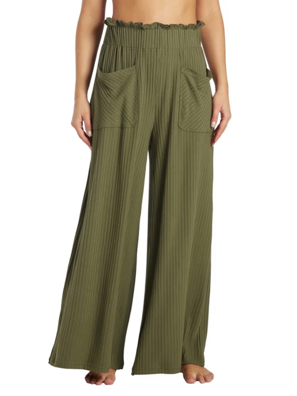 FP Movement Free People Blissed Out Ribbed Wide Leg Pants Olive Khaki L GUC